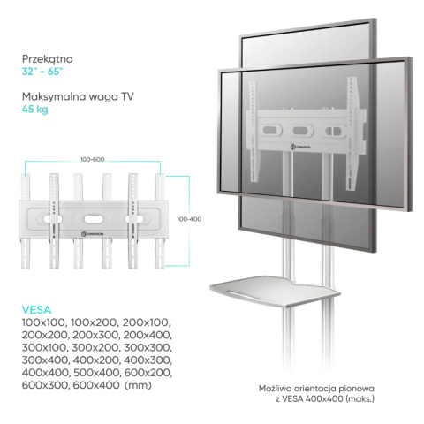 Onkron mobilny stojak TV dla 32"-65" maks 45 kg, biały TS1351