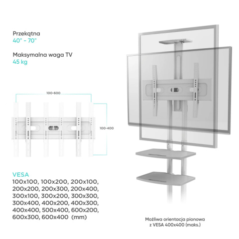 Onkron mobilny stojak TV dla 40"-70" maks 46 kg, biały TS1552