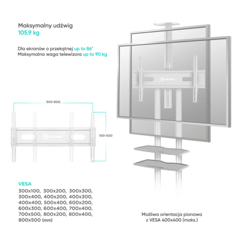 Onkron mobilny stojak TV dla 50"-86" maks 91 kg, biały TS1881