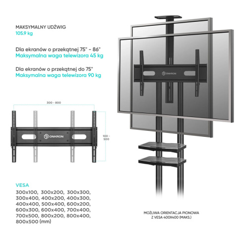 Onkron mobilny stojak TV dla 50"-86" maks 91 kg, czarny TS1881