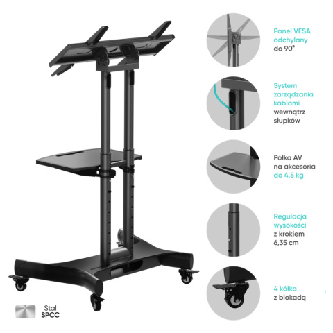 Onkron mobilny stojak dla TV lub panelu interaktywnego 32"-70" maks 45 kg, pochyły, czarny TS1350