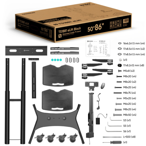 Onkron zmotoryzowany mobilny stojak TV dla 50"-86" maks 91 kg, czarny TS1881E