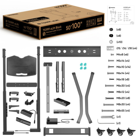 Onkron zmotoryzowany mobilny stojak dla telewizorów lub paneli interaktywnych 50-100" maks 120 kg, czarny TS1991E