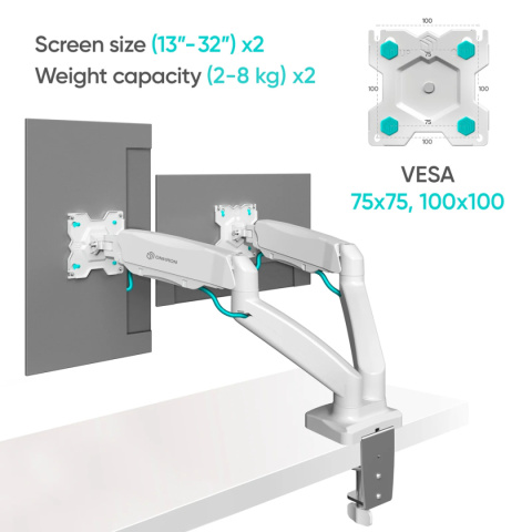 Onkron uchwyt biurkowy dla dwóch monitorów 13"-32" maks 8 kg, nachylny i obrotowy, z obracaniem, biały, czarny G160