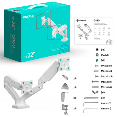 Onkron uchwyt biurkowy dla dwóch monitorów 13"-32" maks 8 kg, nachylny i obrotowy, z obracaniem, biały, czarny G160