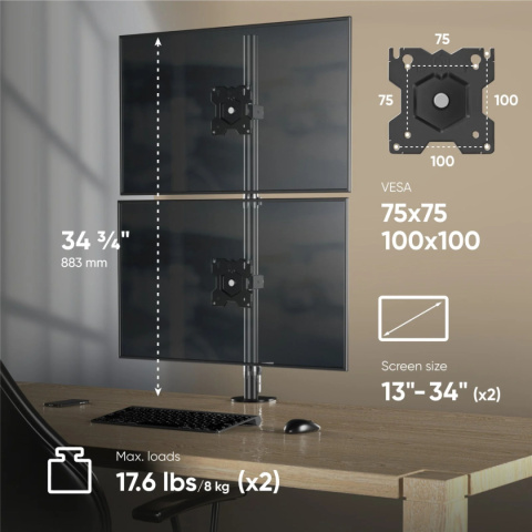 Onkron uchwyt biurkowy dla dwóch monitorów 13"-34" maks 8 kg, nachylny i obrotowy, z obracaniem, czarny D208E