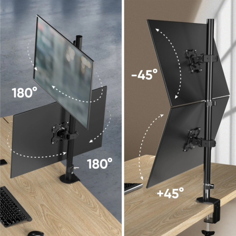 Onkron uchwyt biurkowy dla dwóch monitorów 13"-34" maks 8 kg, nachylny i obrotowy, z obracaniem, czarny D208E