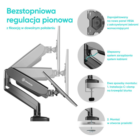 Onkron uchwyt biurkowy dla monitora 13"-32" maks 8 kg, nachylny i obrotowy, z obracaniem, czarny G50