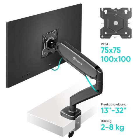 Onkron uchwyt biurkowy dla monitora 13"-32" maks 8 kg, nachylny i obrotowy, z obracaniem, czarny G50