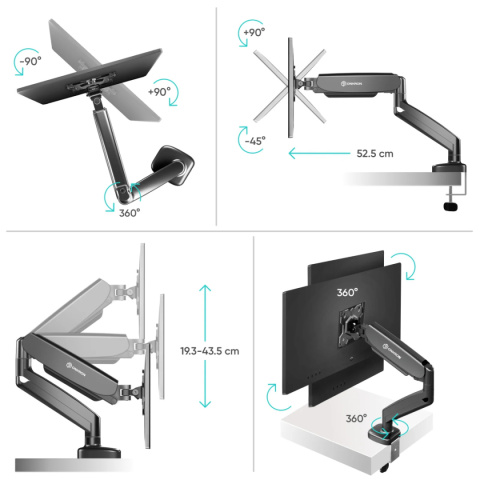 Onkron uchwyt biurkowy dla monitora 13"-32" maks 8 kg, nachylny i obrotowy, z obracaniem, czarny G50