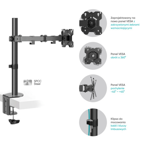 Onkron uchwyt biurkowy dla monitora 13"-34" maks 8 kg, nachylny i obrotowy, z obracaniem, czarny D121E