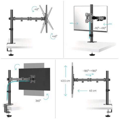 Onkron uchwyt biurkowy dla monitora 13"-34" maks 8 kg, nachylny i obrotowy, z obracaniem, czarny D121E