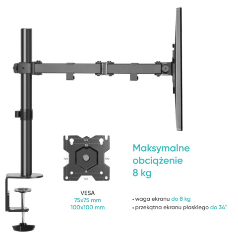 Onkron uchwyt biurkowy dla monitora 13"-34" maks 8 kg, nachylny i obrotowy, z obracaniem, czarny D121E