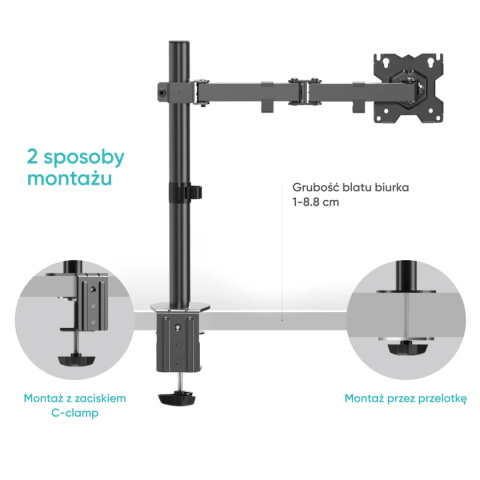 Onkron uchwyt biurkowy dla monitora 13"-34" maks 8 kg, nachylny i obrotowy, z obracaniem, czarny D121E