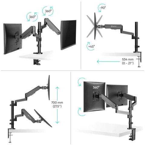 Onkron uchwyt biurkowy dla trzech monitorów 13"-32" maks 8 kg, nachylny i obrotowy, z obracaniem, czarny G140