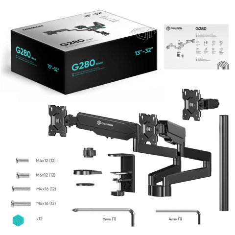 Onkron uchwyt biurkowy dla trzech monitorów 13"-32" maks 8 kg, nachylny i obrotowy, z obracaniem, czarny G280