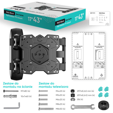 Onkron uchwyt nachylny i obrotowy do TV 17"-43" maks 35 kg, z obrotem, czarny M4SR