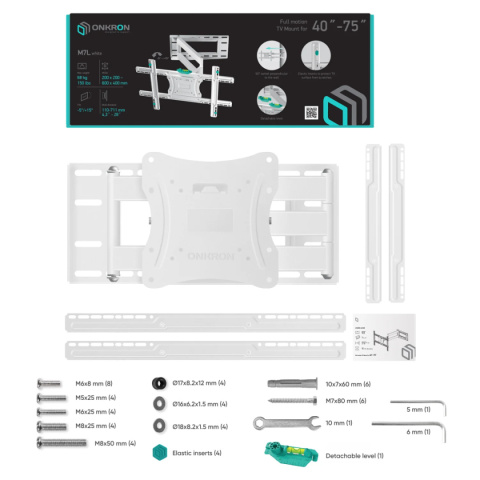 Onkron uchwyt nachylny i obrotowy do TV 40"-75" maks 68 kg, biały i czarny M7L
