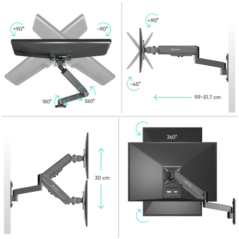 Onkron uchwyt ścienny dla TV lub monitora 13"-34" maks 8 kg, nachylny i obrotowy, z obracaniem, czarny G150