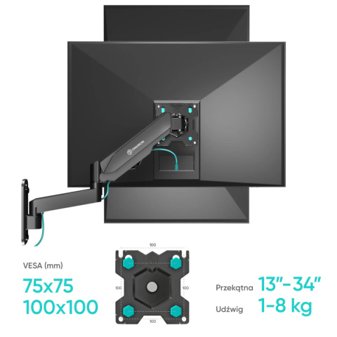 Onkron uchwyt ścienny dla TV lub monitora 13"-34" maks 8 kg, nachylny i obrotowy, z obracaniem, czarny G150