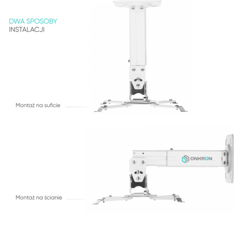 Onkron uchwyt sufitowo-ścienny do projektora maks 10 kg, nachylny i obrotowy, biały K3A