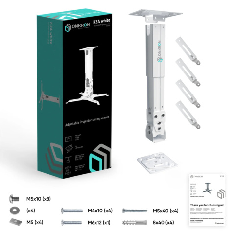 Onkron uchwyt sufitowo-ścienny do projektora maks 10 kg, nachylny i obrotowy, biały K3A