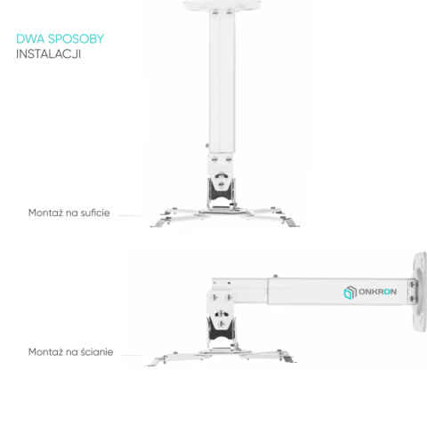 Onkron uchwyt sufitowo-ścienny do projektora maks 10 kg, nachylny i obrotowy, biały K5A